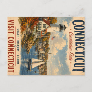 Vintage-Reiseplakat Connecticut mit Küstenlicht Feiertagspostkarte