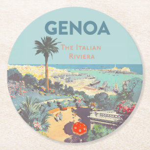 Vintage-Reiseplakat für Genua, Italienische Rivier Runder Pappuntersetzer