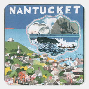 Vintage-Reiseplakat, Karte der Insel Nantucket, MA Quadratischer Aufkleber