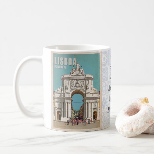 Vintage Reiseplakat. Lissabon, Augusta Kaffeetasse (Mit Donut)