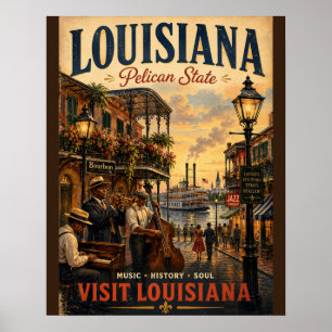 Vintage-Reiseplakat Louisiana mit Jazzmusiker Poster