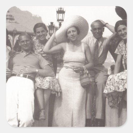 Vintage Reiseplakat Schwarzweiß-Foto Quadratischer Aufkleber (Vorderseite)