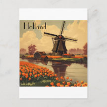 Vintage-Reiseplakat von Holland, Tulpen und Mühlen