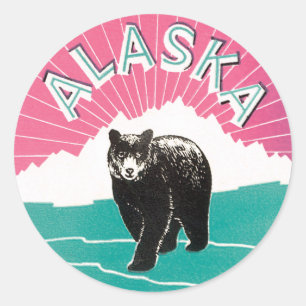 Vintage Reiseposter, Alaska Schwarzbär im Schnee Runder Aufkleber