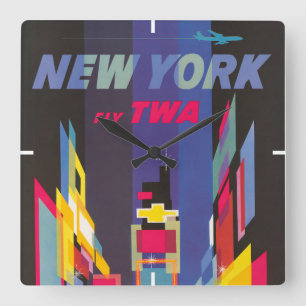 Vintage Reiseposter, Fliegen Sie Twa, New York Quadratische Wanduhr