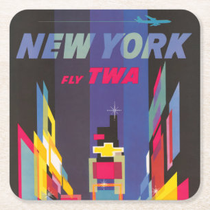 Vintage-Reiseposter, Fliegen Sie Twa, New York Rechteckiger Pappuntersetzer