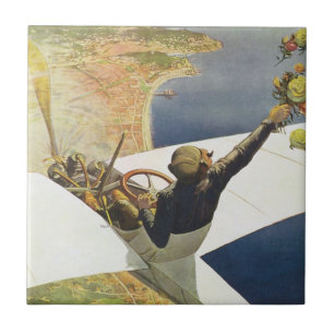 Vintage Reiseposter, Flugzeug über Nizza Frankreic Fliese