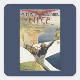 Vintage-Reiseposter, Flugzeug über Nizza Frankreic Quadratischer Aufkleber