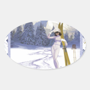Vintage Reiseposter, Skifahren Italien Ovaler Aufkleber