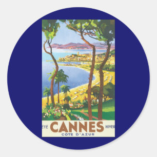 Vintage Reiseposter, Strand in Cannes, Frankreich Runder Aufkleber