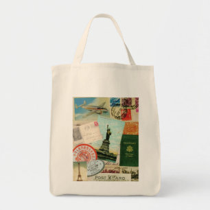 Vintage Reisestempel und Postkarten-Tragetasche Tragetasche