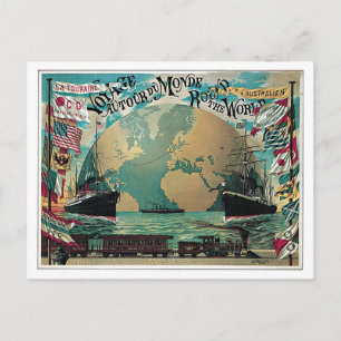 Vintage-Reisezug- und Seereise-Weltkarte-Anzeige Postkarte