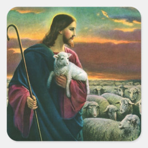Vintage Religion, Christus guter Hirte mit Herde Quadratischer Aufkleber