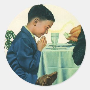 Vintage Religion, Junge sagt Dankgebet an Thanksgi Runder Aufkleber