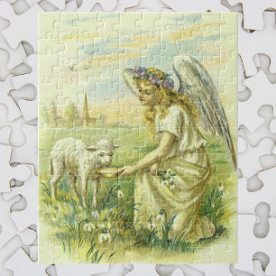 Vintage Religion, viktorianischer Osterengel mit L Puzzle