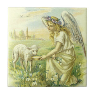 Vintage religiöster Ostern viktorianischer Engel m Fliese