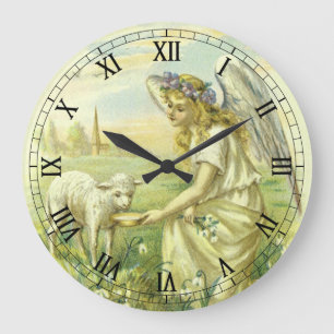 Vintage religiöster Ostern viktorianischer Engel m Große Wanduhr