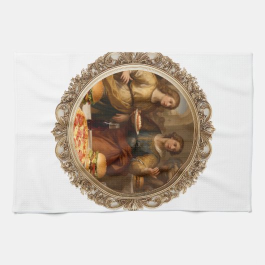 Vintage Renaissance Painting Parody of Men Eating  Geschirrtuch (Horizontal)