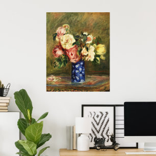 Vintage-Renoir-Rosabouquet in Rosa in blauem Vasen Poster