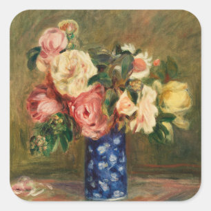 Vintage-Renoir-Rosabouquet in Rosa in blauem Vasen Quadratischer Aufkleber