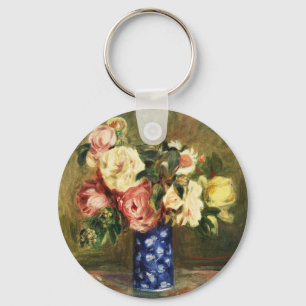 Vintage-Renoir-Rosbouquet in Blauem Vasen-Kunst Schlüsselanhänger