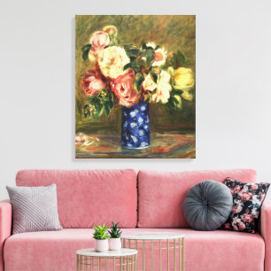 Vintage-Renoir-Rosenbouquet in Rosa, Blaue Vase Ku Leinwanddruck
