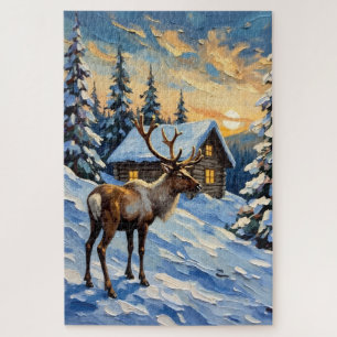 Vintage-Rentier am schneebedeckten Ferienhaus - We Puzzle