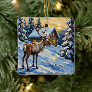 Vintage-Rentier-Gemälde von schneebedeckter Hütte Keramikornament