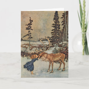 Vintage-Rentier-Mädchen Winter-Schnee-Szene Poster Feiertagskarte