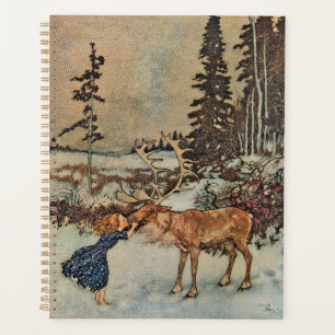 Vintage-Rentier-Mädchen Winter-Schnee-Szene Poster Planer