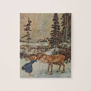 Vintage-Rentier-Mädchen Winter-Schnee-Szene Poster Puzzle