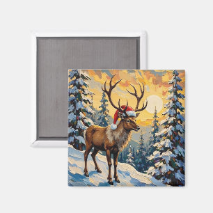 Vintage-Rentier mit Santa-Hut im schneebedeckten W Magnet