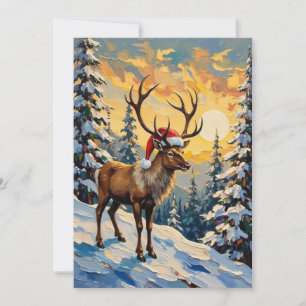 Vintage-Rentier mit Weihnachtsmannmütze im schneeb Feiertagskarte