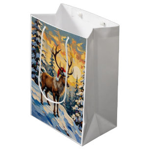 Vintage-Rentier mit Weihnachtsmannmütze im schneeb Mittlere Geschenktüte