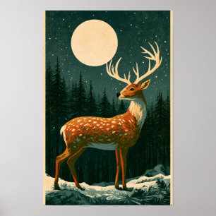 Vintage-Rentier unter Mond-Winterposter Poster