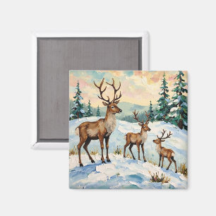 Vintage-Rentierfamilie-Winterwiese-Malerei Magnet
