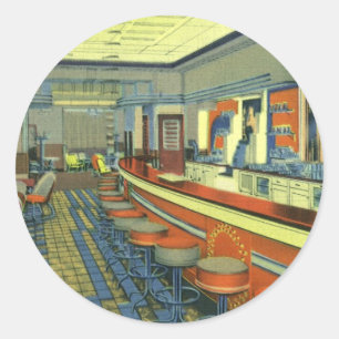 Vintage-Restaurant, Retro-Raststätte Innenraum Runder Aufkleber