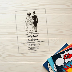 Vintage Retro 50er Braut Bräutigam Comic-Hochzeit Acryleinladungen