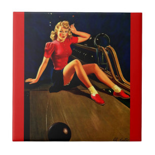 Vintage Retro Al Buell Bowling Pin-up Mädchen Fliese