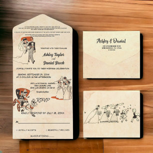 Vintage Retro Alte Cartoon 50er Comic-Hochzeit All In One Einladung
