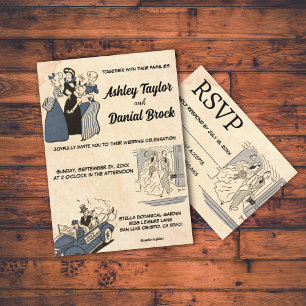 Vintage Retro Alte Comic-Hochzeit Stylisch Chic Einladung