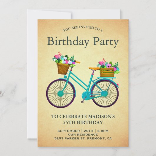 Vintage Retro Aquamarines Blumenradfahren Geburtst Einladung (Vorderseite)