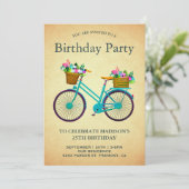 Vintage Retro Aquamarines Blumenradfahren Geburtst Einladung (Stehend Vorderseite)