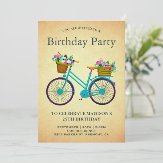Vintage Retro Aquamarines Blumenradfahren Geburtst Einladung (Stehend Vorderseite)
