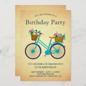 Vintage Retro Aquamarines Blumenradfahren Geburtst Einladung (Vorne/Hinten)