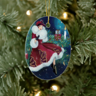 Vintage Retro Art Deco Weihnachtsfrau Keramik Ornament