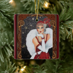 Vintage Retro Art Deco Weihnachtsfrau Keramikornament