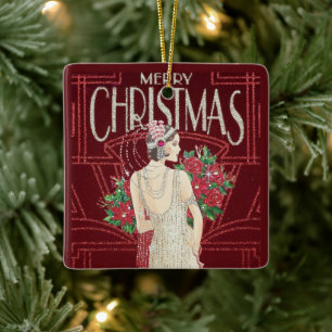 Vintage Retro Art Deco Weihnachtsfrau Keramikornament