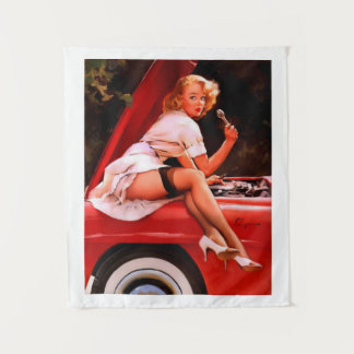 Vintage Retro Auto Mechaniker Pinup Mädchen Wandteppich
