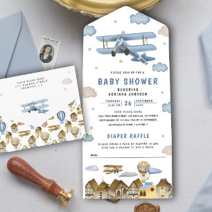 Vintage Retro Blaue Flugzeug-Baby-Party All In One Einladung